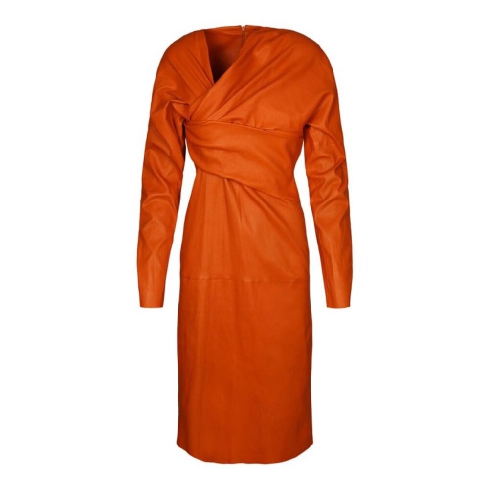 Bottega Veneta Draped Leather Orange Long Sleeve Midi Dress - Picture 3 of 6